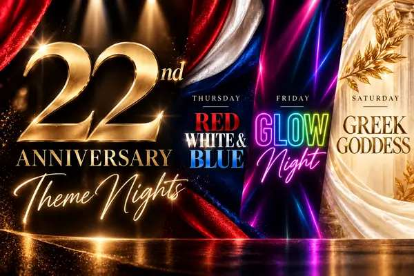 Three nights. Three themes. One unforgettable anniversary weekend. Join us September 24&ndash;26 for Red, White & Blue, Glow Night, and Greek Goddess.